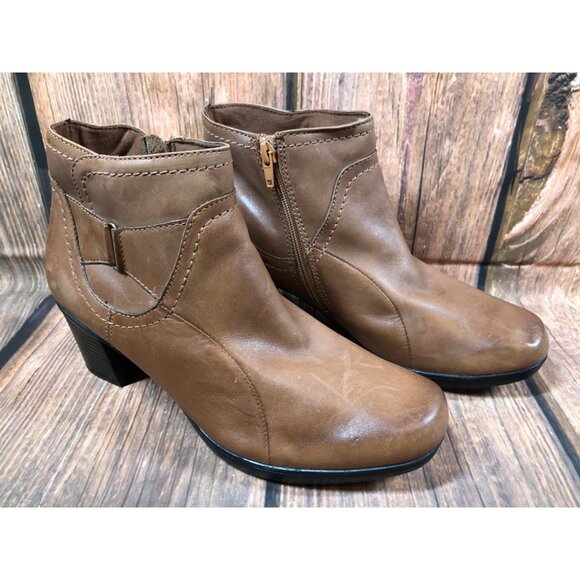 Clarks Brown Leather Block Heel Ankle Boots Side Zip Booties Womens 9 M (k7r) - Picture 3 of 10